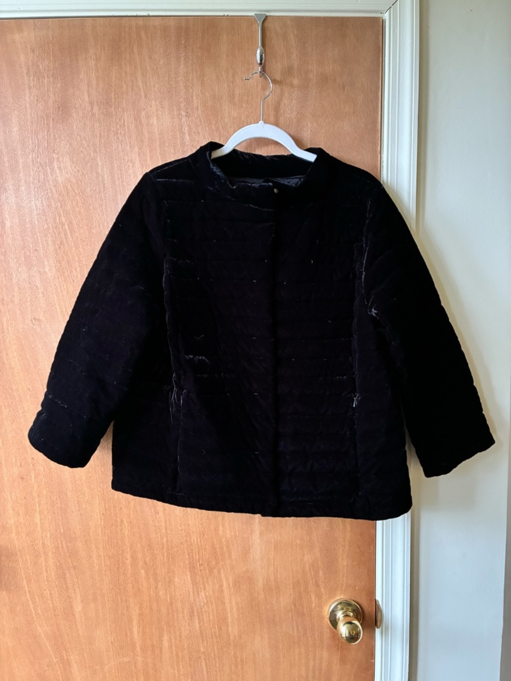 Crushed black velvet down outer jacket, Talbots, Size 14P